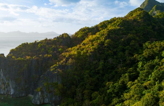 Aerial view of Big Lagoon area Bacuit Bay El Nido Palawan turquoise water limestone cliffs