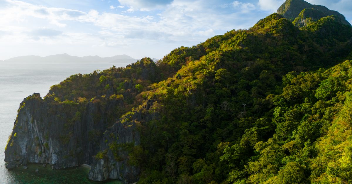 Aerial view of Big Lagoon area Bacuit Bay El Nido Palawan turquoise water limestone cliffs