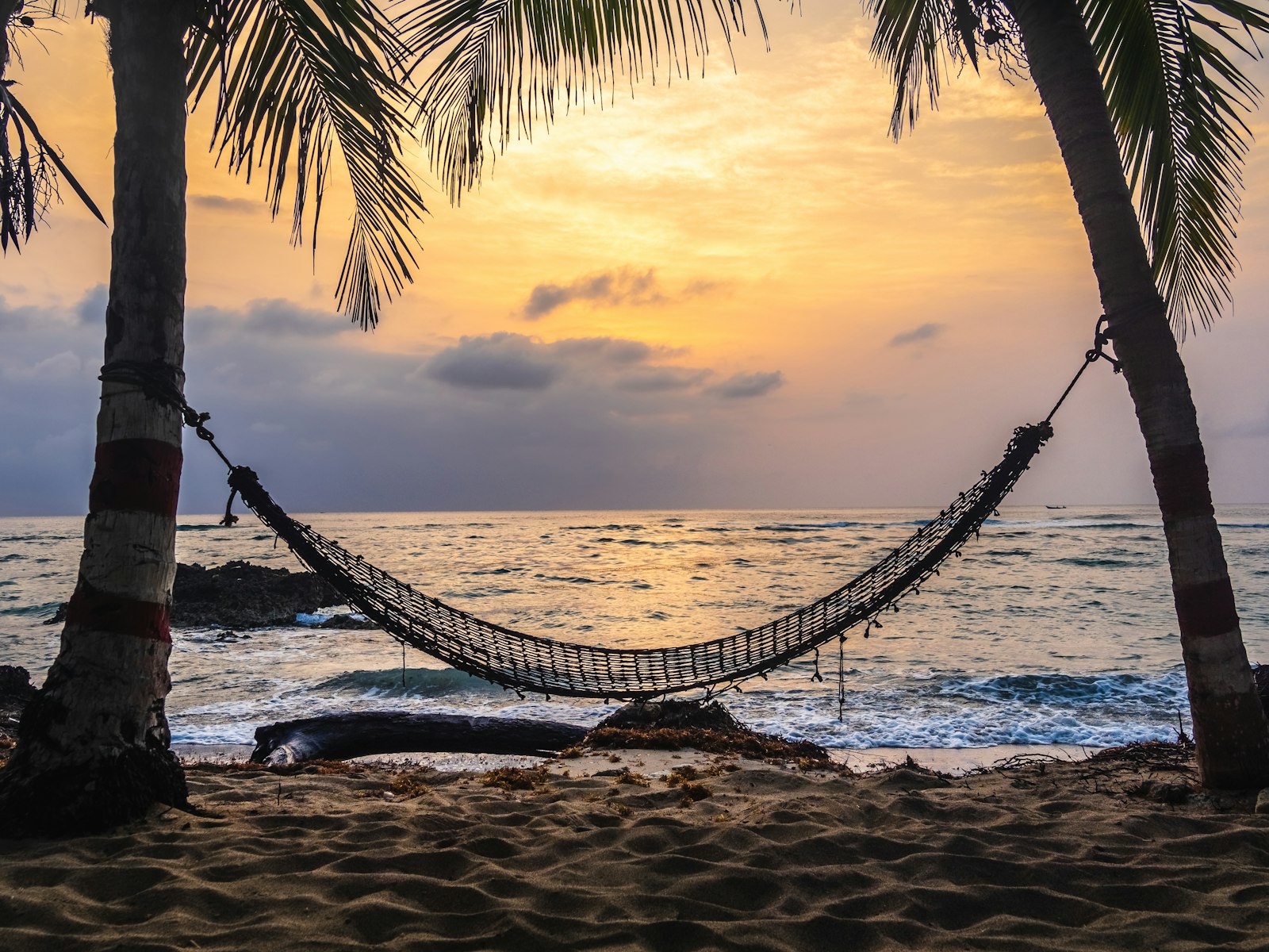 Hammock between palm trees at sunset Port Barton Palawan relaxed pace