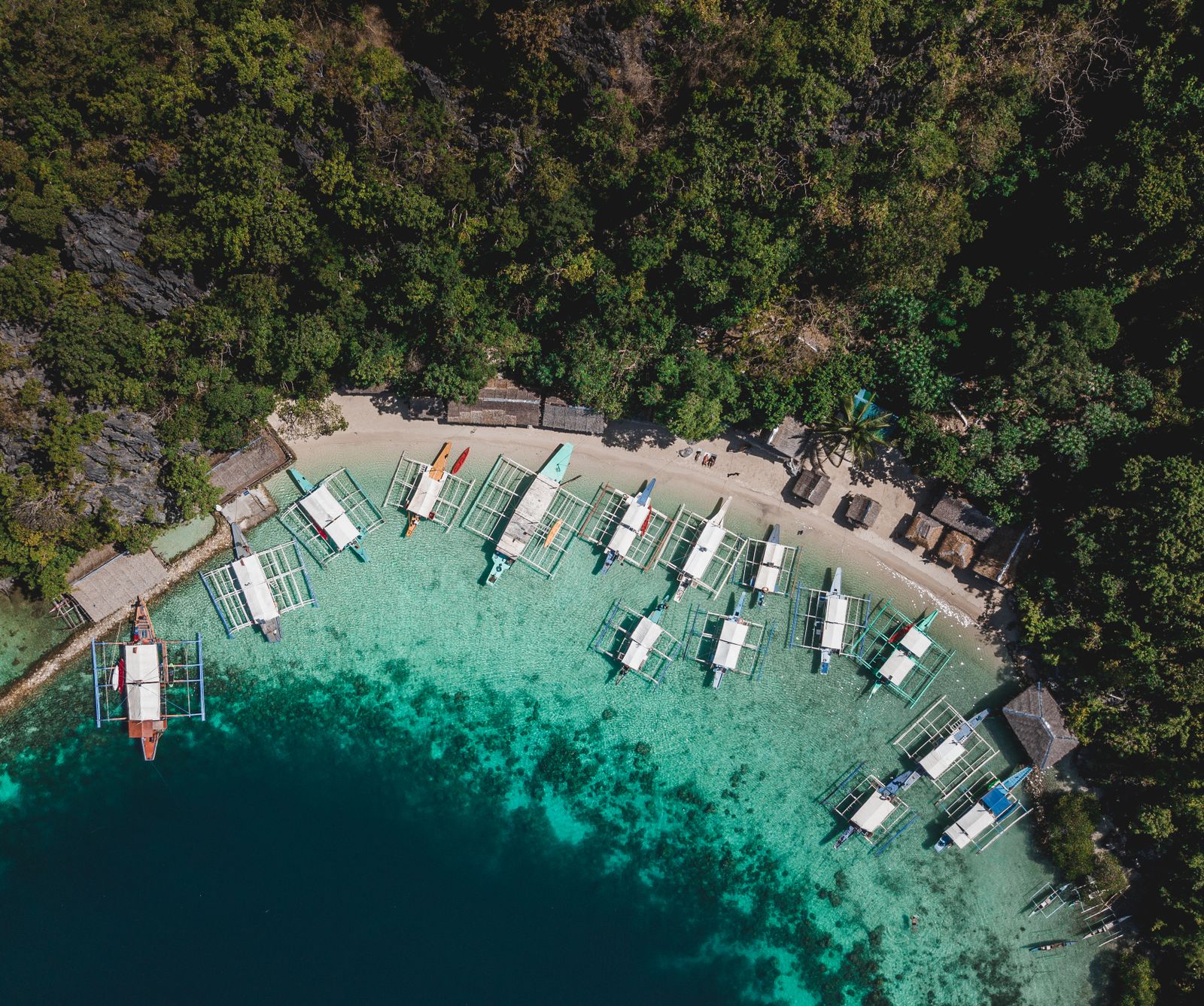 Traditional bangka boats on the shore in Coron, Philippines, gateway to Calauit Safari Park