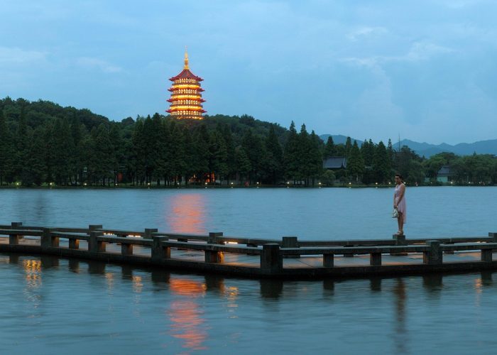 West Lake in Hangzhou, China, at night