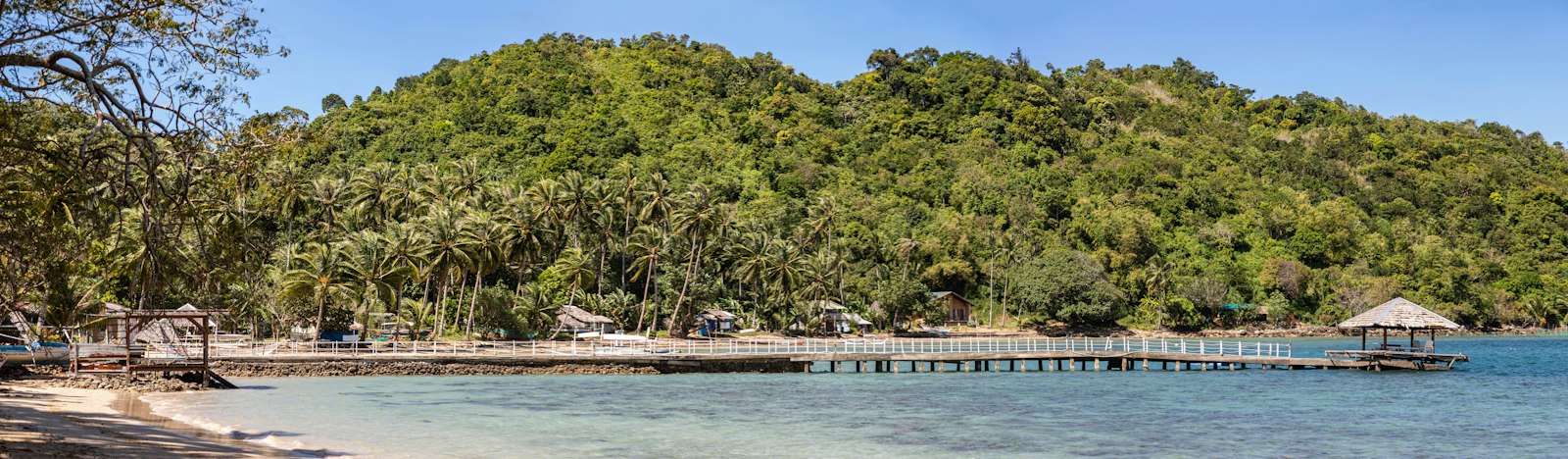 Tropical pier and island in the Philippines, similar to where licensed tour operators depart for island hopping