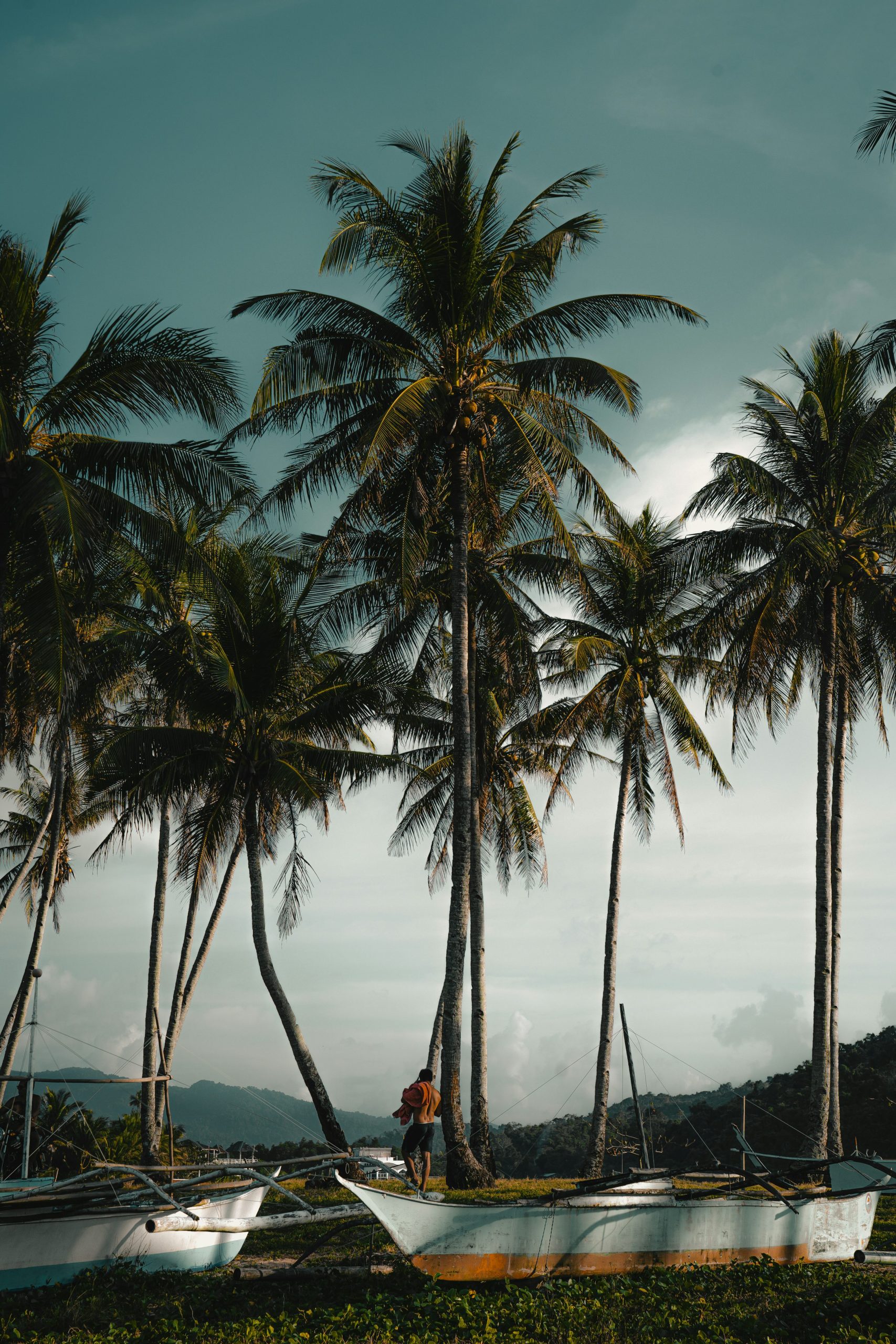 Bangka boats lined up under palm trees on an El Nido beach during Palawan Christmas and New Year peak season