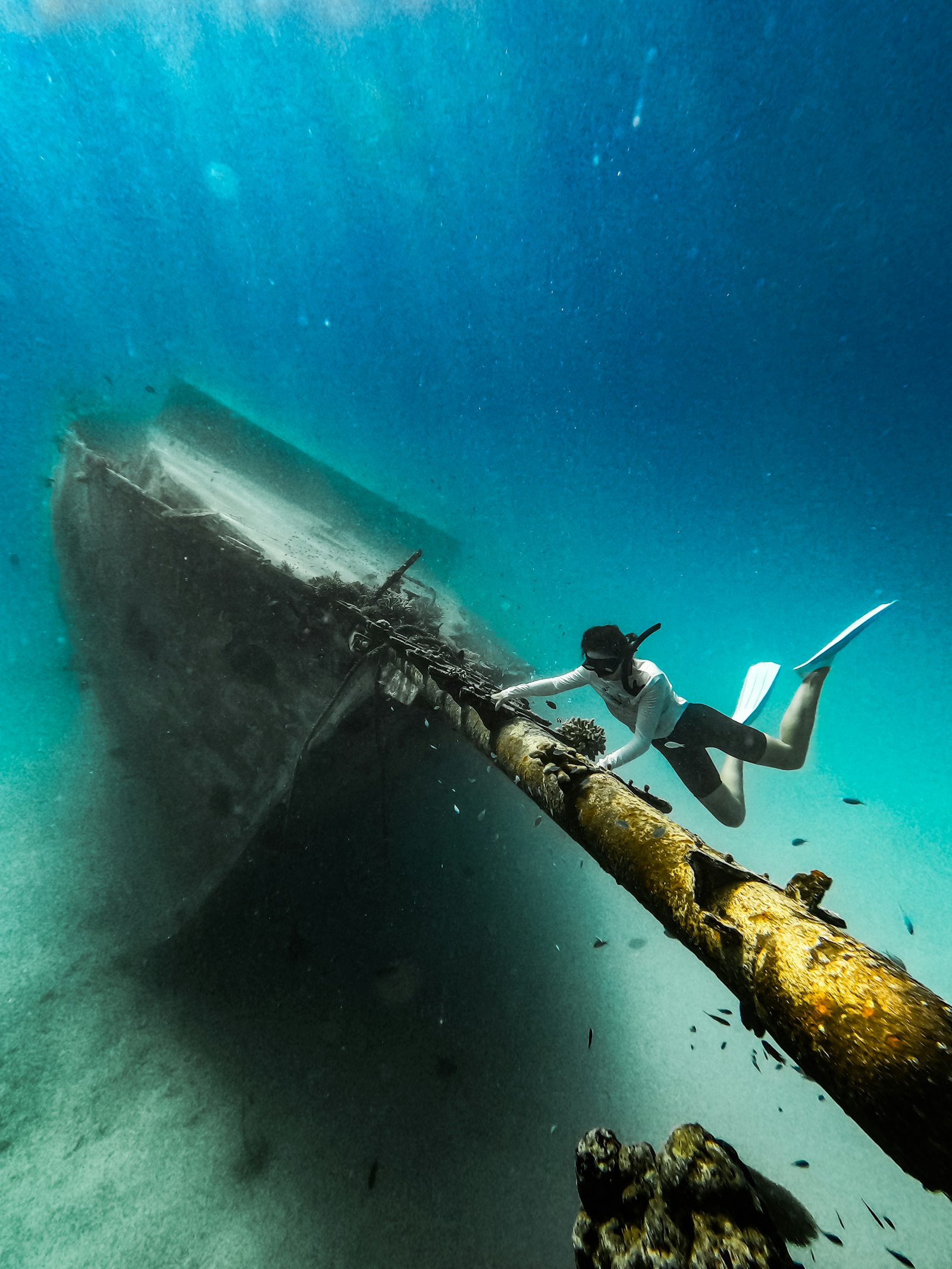 Diver near a sunken shipwreck in clear water, similar to the WW2 wrecks divers explore in Coron Bay